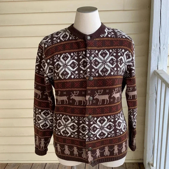 Vintage Jersild DuPont Orlon Men’s XL Cardigan Sweater Brown Nordic Moose 1950s - Picture 13 of 14